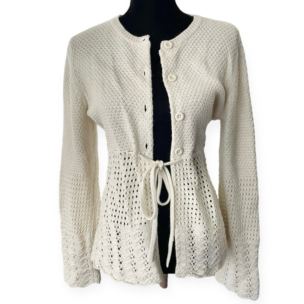 Charter Club womens crochet button up beige cardigan ivory Medium cottage angora